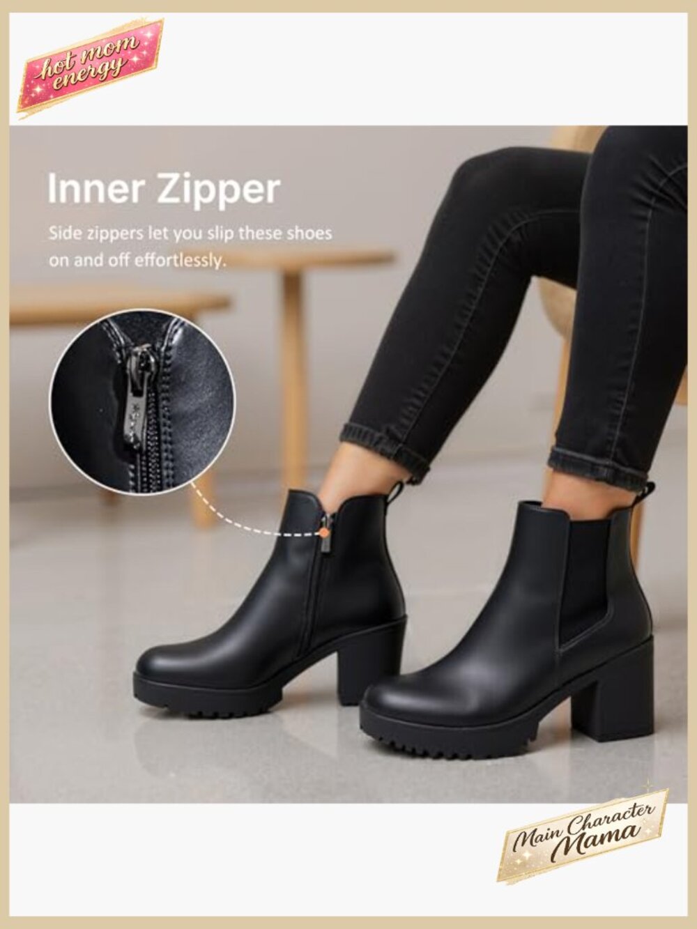 Chunky Heeled Ankle Boots Platform Chelsea Retro Booties Side Zip Faux Leather - Picture 5 of 7